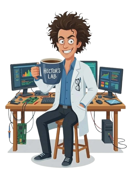 Hector — mad scientist with wild frizzy hair, intense grin, lab coat, holding a large 'HECTOR'S LAB' mug, sitting among chaotic tech